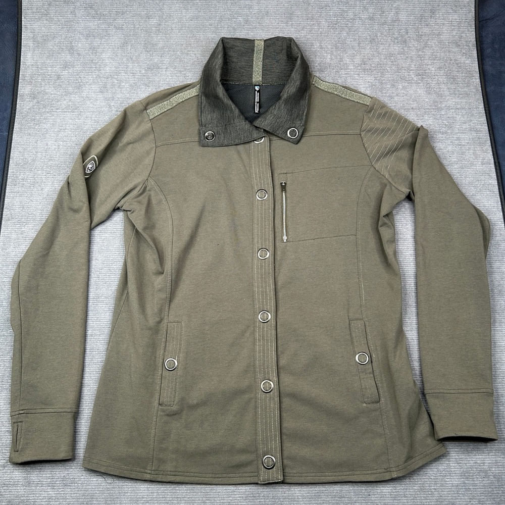 KUHL Women Olive Green Snap Front Jacket Charcoal Collar Thumbhole Cuffs XL Y2k